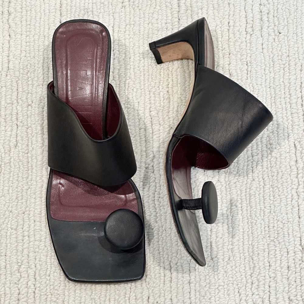 STAUD | Luna Square Toe Leather Sandals | Black | 38 ½